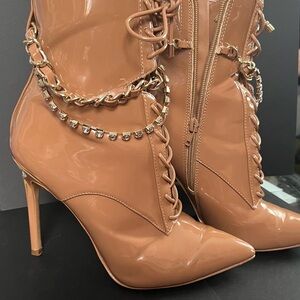 Aldo, Patent Pointed-Toe Stiletto Ankle Boots — Tan